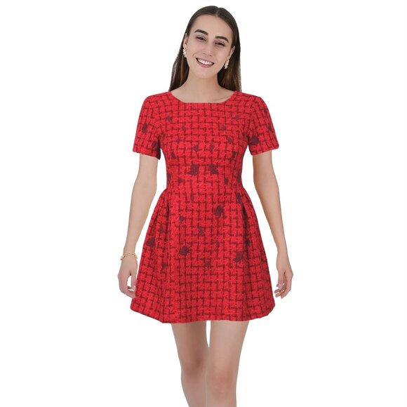 NWT‎ Fanm Mon Boucle Tweed Samantha Dress in Cherry Red Embroidered Medium - Picture 2 of 11